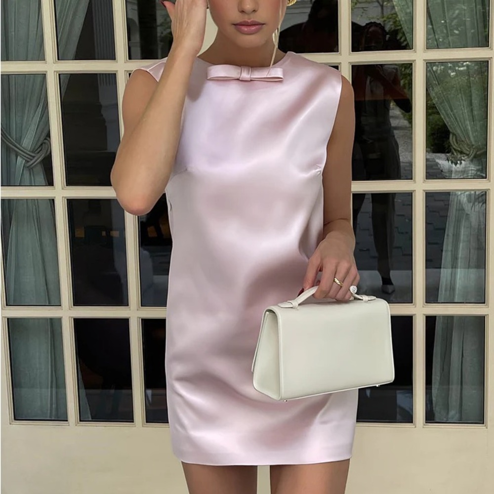 Commense Powder Pink Satin Mini Dress with Bow Back - Picture 2 of 5